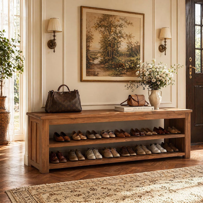 Solid Wood Entryway Bench, 63" Farmhouse Shoe Bench End of Bed Bench with Storage