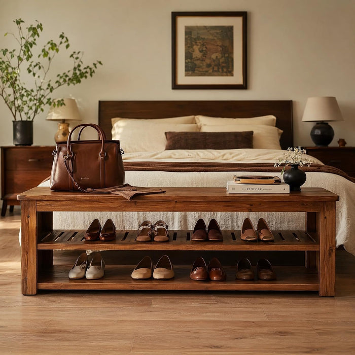Solid Wood Entryway Bench, 63" Farmhouse Shoe Bench End of Bed Bench with Storage