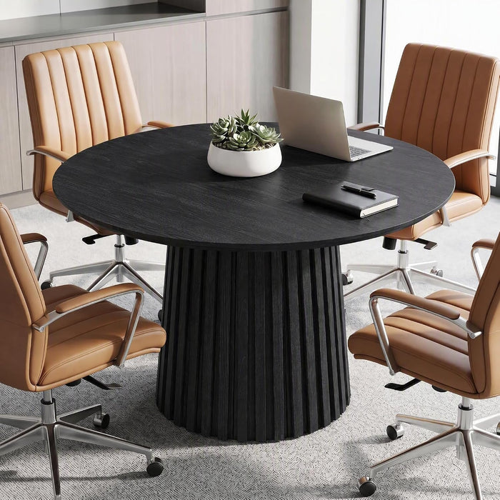 Solid Wood Round Conference Table for 4-6 People, Fluted Base Meeting Table for Office