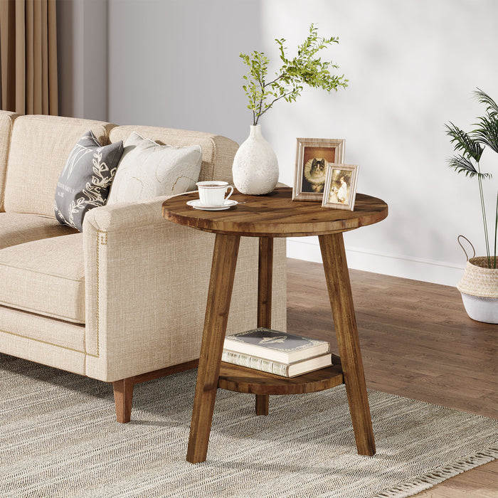 Solid Wood Round End Table, Farmhouse Sofa Side Table with Storage Shelf Tribesigns