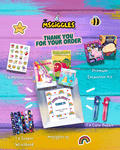 Somewhere Over the Rainbow kids goodie bag with coloring book, non-toxic pencils, motivational stickers, excavation kit, bubble wands, and snap-on wristband