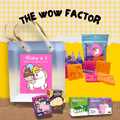Colorful goodie bags for kids with party treats and toys displayed on a table