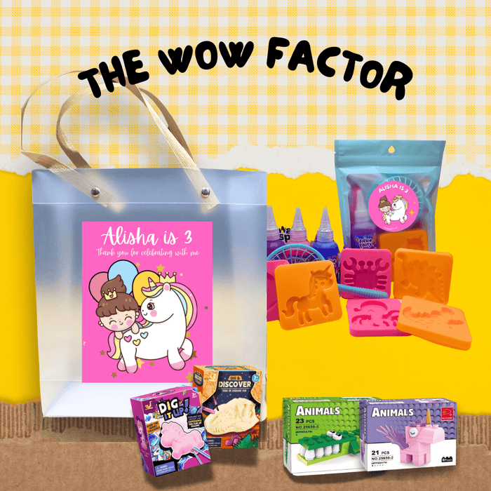Colorful goodie bags for kids with party treats and toys displayed on a table