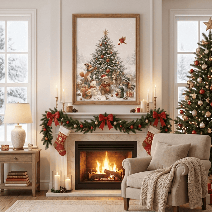 Watercolor Christmas Tree Wall Art, Red Velvet Bow, Rustic Farmhouse Framed Holiday Decor, Living Room
