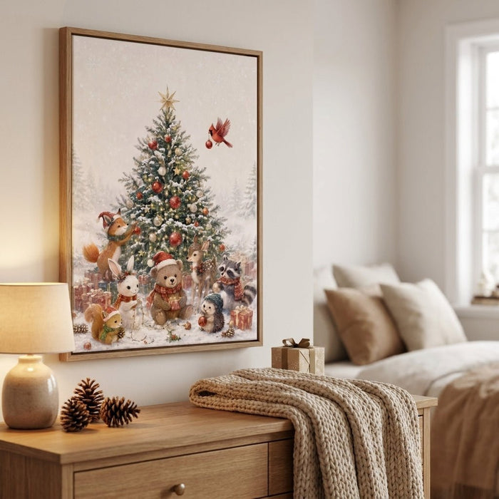 Watercolor Christmas Tree Wall Art, Red Velvet Bow, Rustic Farmhouse Framed Holiday Decor, Living Room