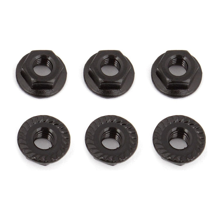 Wheel Nuts, M4, Serrated, flanged, black steel