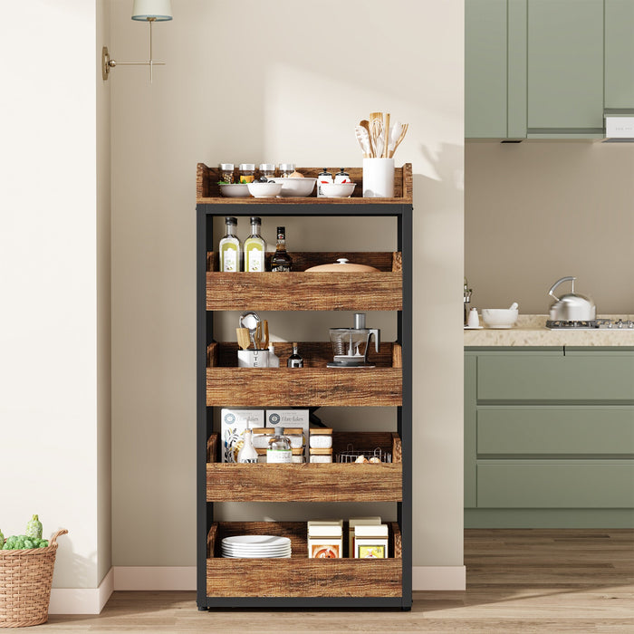 Tribesigns's Wood Fruit and Vegetable Storage Rack Basket Stand with 5 Drawers, front view.
