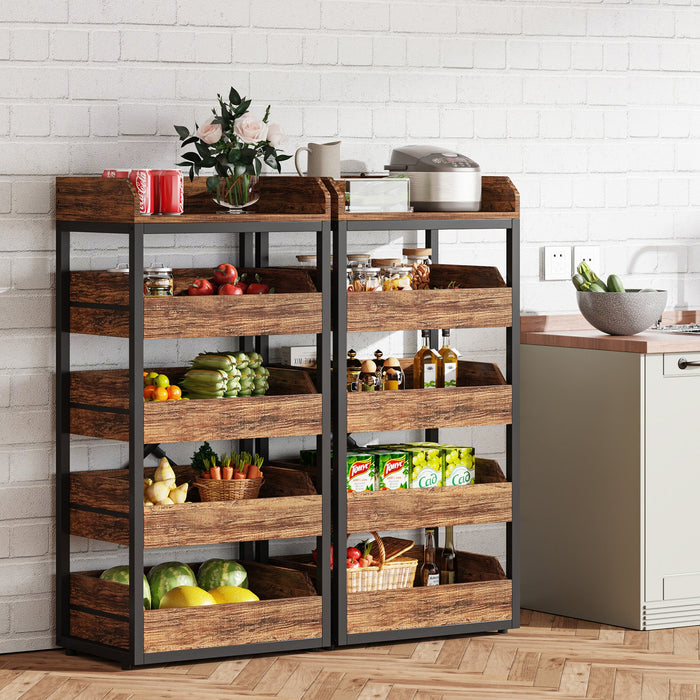 Two combined use diagrams of Tribesigns's Wood Fruit and Vegetable Storage Rack Basket Stand with 5 Drawers.