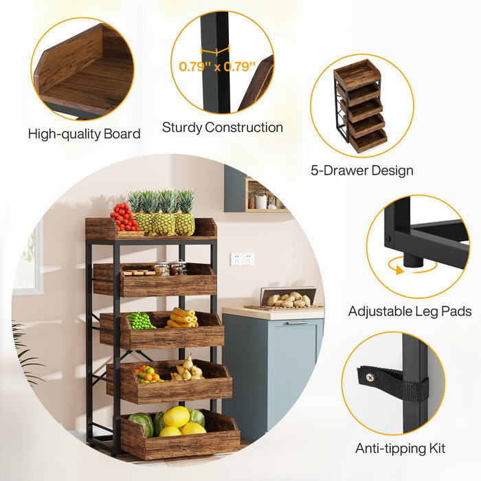 Product Features of Wood Fruit and Vegetable Storage Rack Basket Stand with 5 Drawers of Tribesigns.
